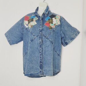 Pretty Bleu Vintage Blue Cotton Acid Wash Short Sleeve Button Down Denim Shirt M